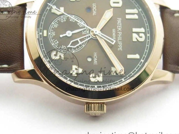 MIROTIME 0427 ZipUp Calatrava 5524R Pilot Travel Time RG GRF Brown Dial on Brown Leather Strap A324 V 7110